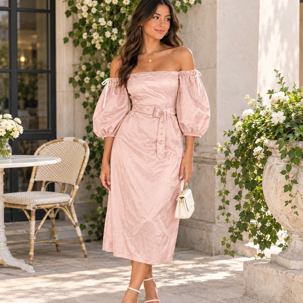 Premier Amour Blush Pink Satin Off The Shoulder Puff Sleeve Midi Dress Size 14